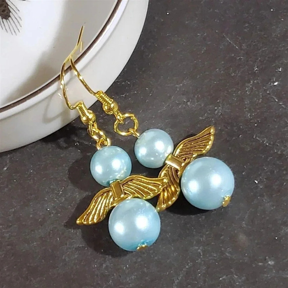 Sustainable Christmas Holiday Angels Gold Plated Light Blue Glass Pearl Earrings - Picture 1 of 9